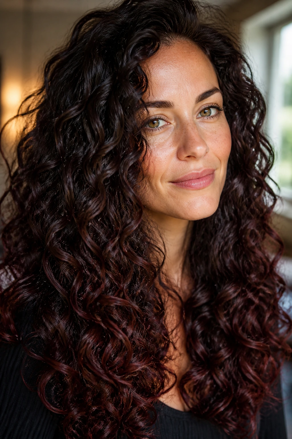 Close-up of a real woman with chocolate cherry brunette on deep curls