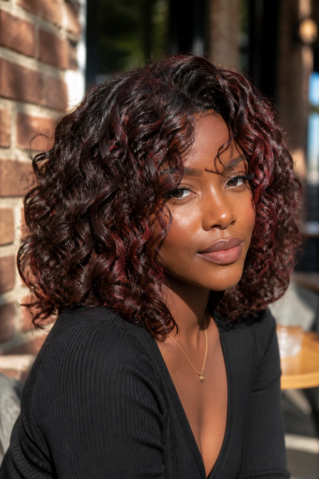 Close-up of a real woman with chocolate cherry curly lob.