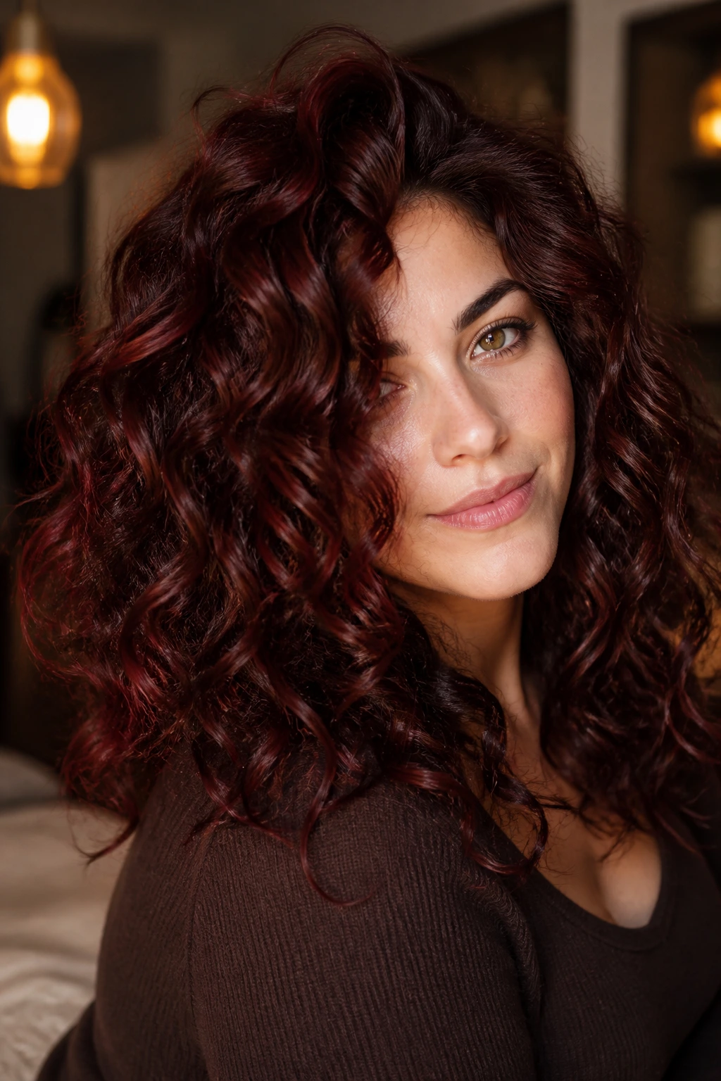 Close-up of a real woman with chocolate brown base and cherry red dimension in curls