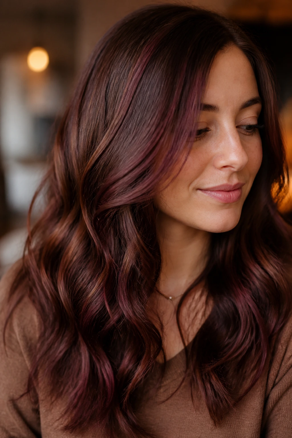 Close-up of light brown hair with chocolate cherry highlights in soft waves