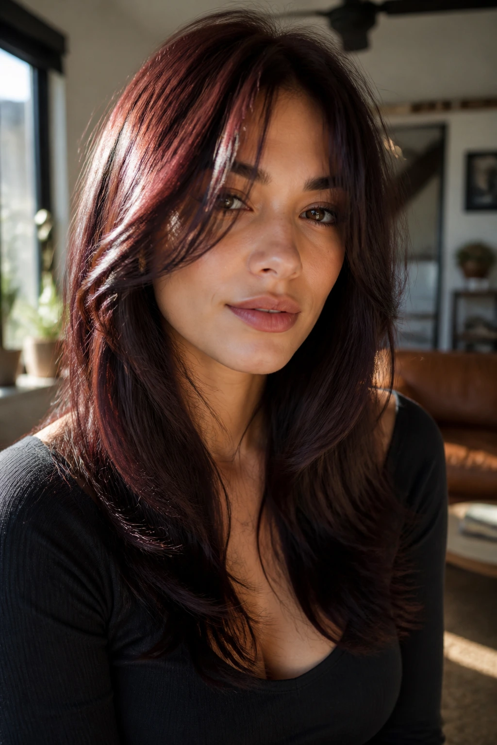 Close-up of a real woman with layered brunette hair showing chocolate cherry gloss in warm light