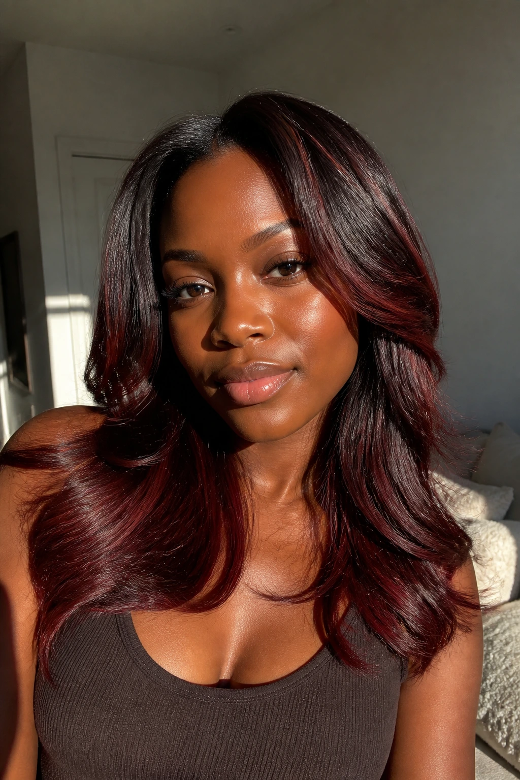 Close-up of a real person with chocolate cherry hair showing red-tinted highlights.