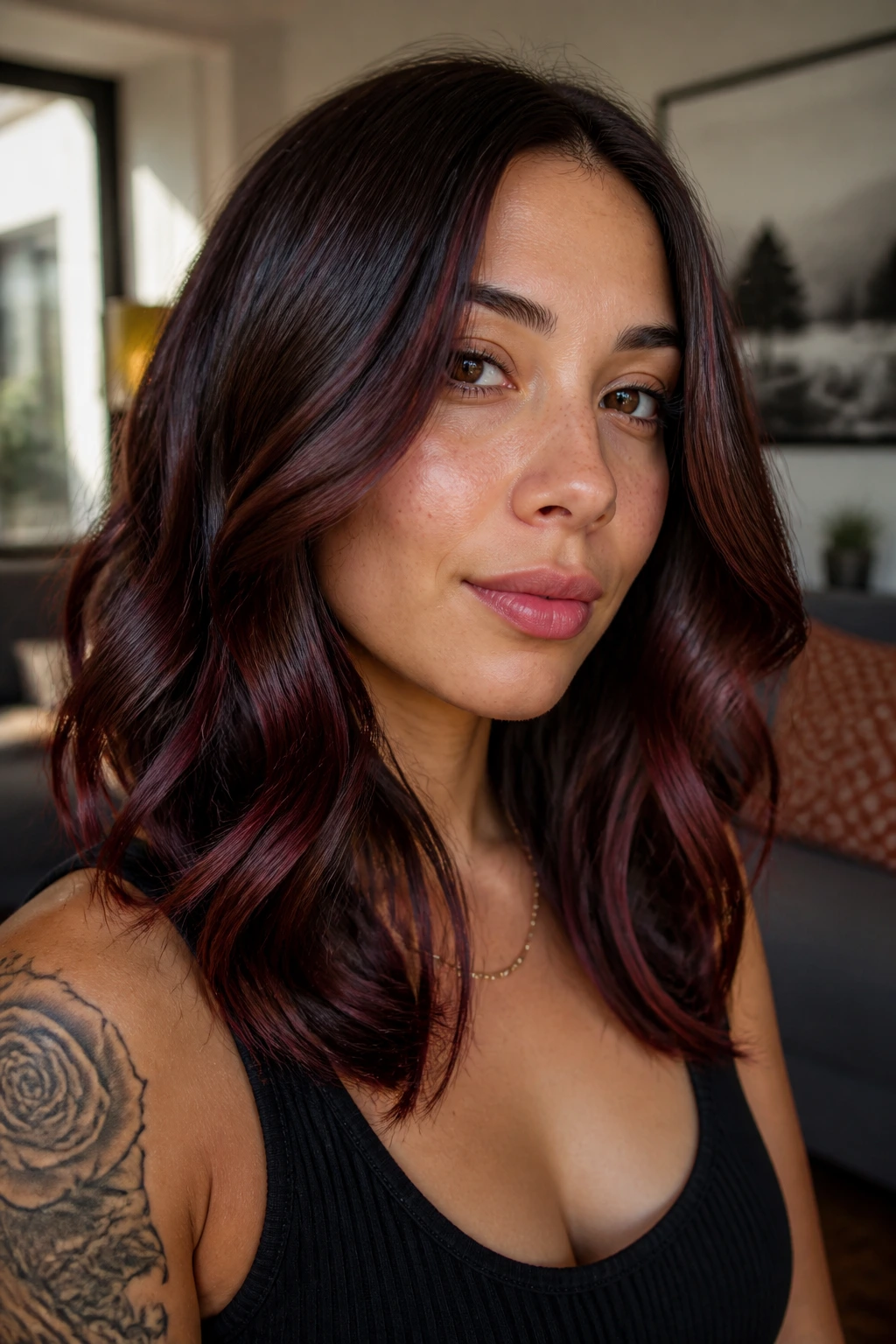 Portrait of a woman with chocolate cherry hair color with cherry glaze