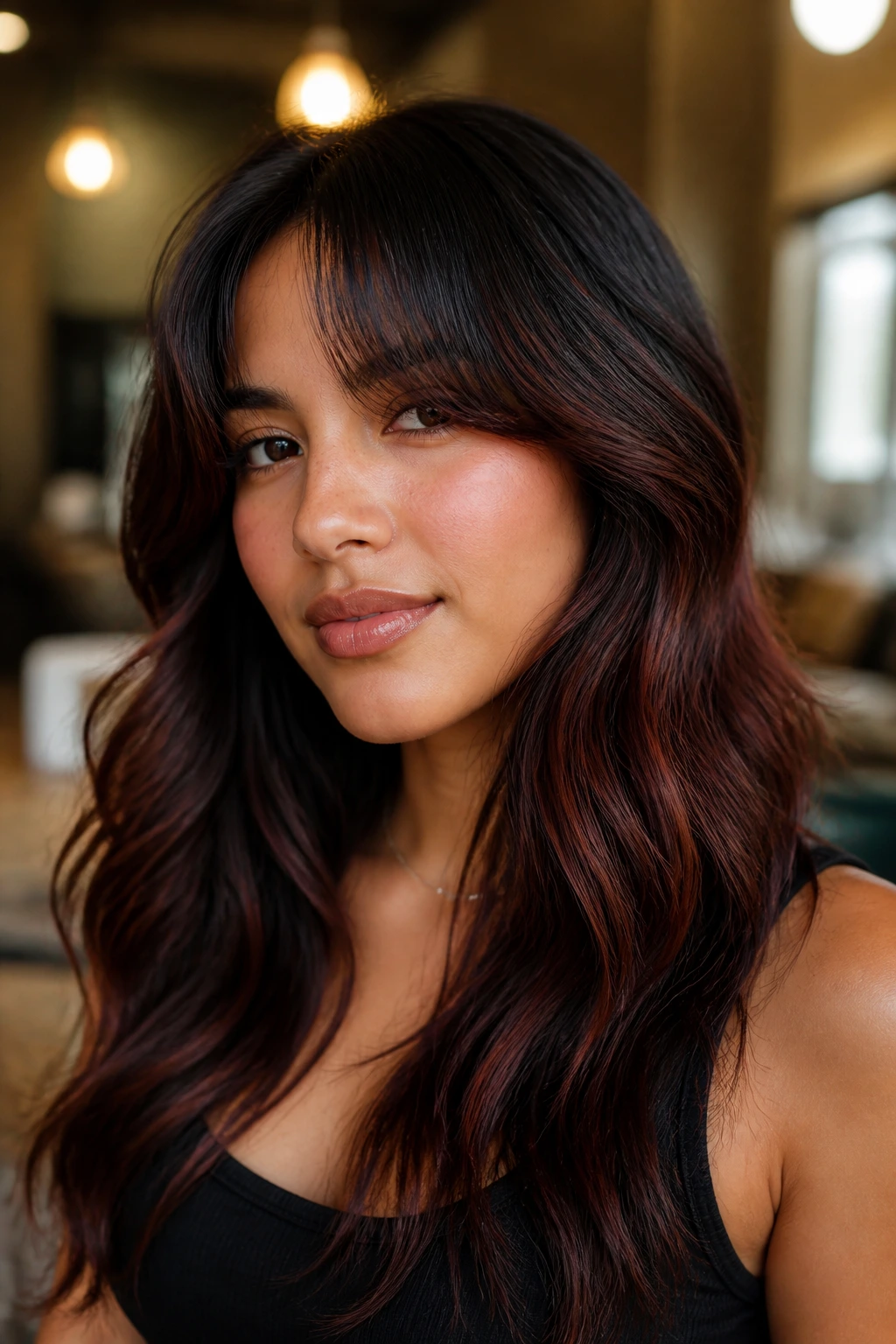 Close-up portrait of a real person with chocolate-cherry dimension and curtain bangs