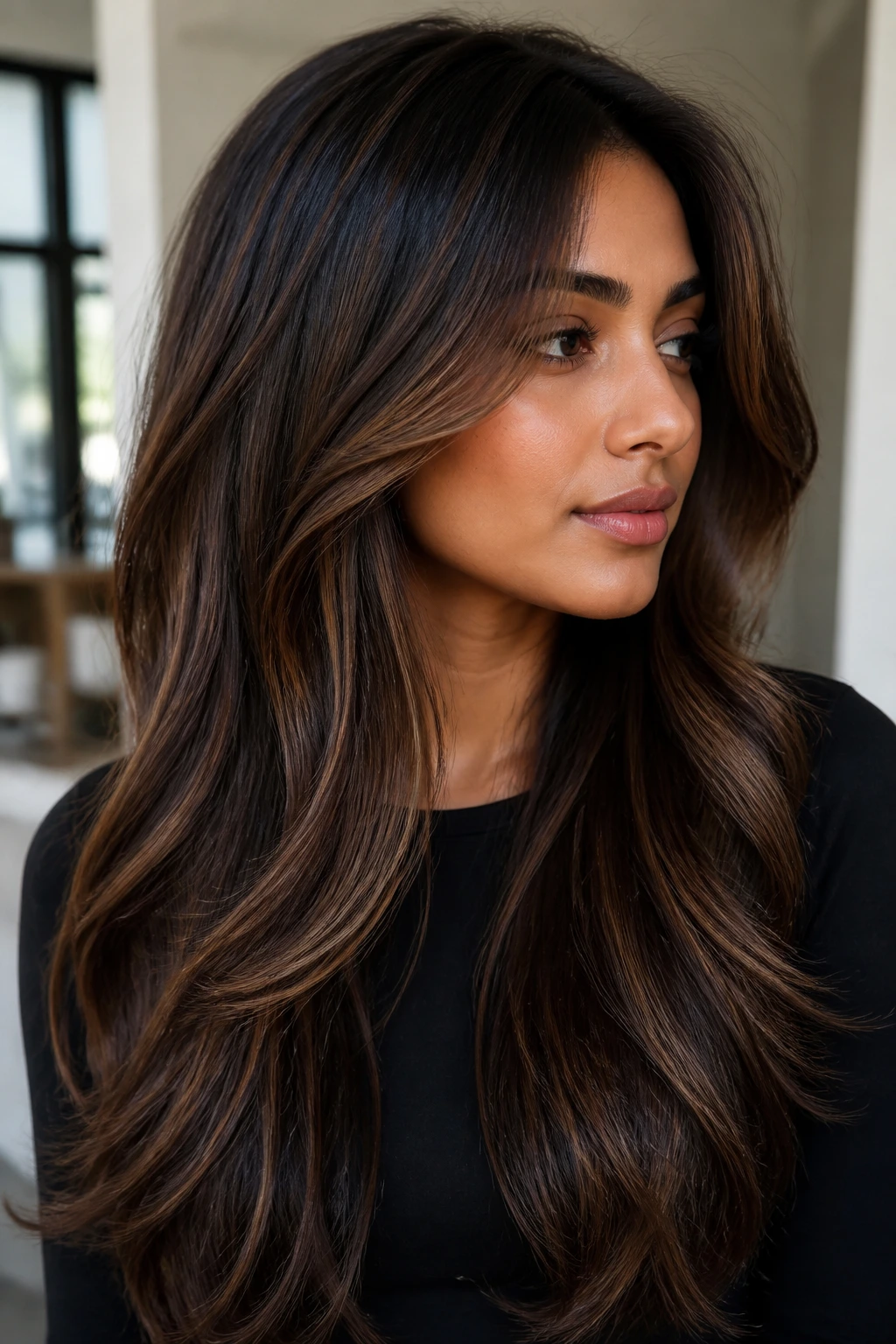 Close-up of chocolate chestnut balayage on long layered hair