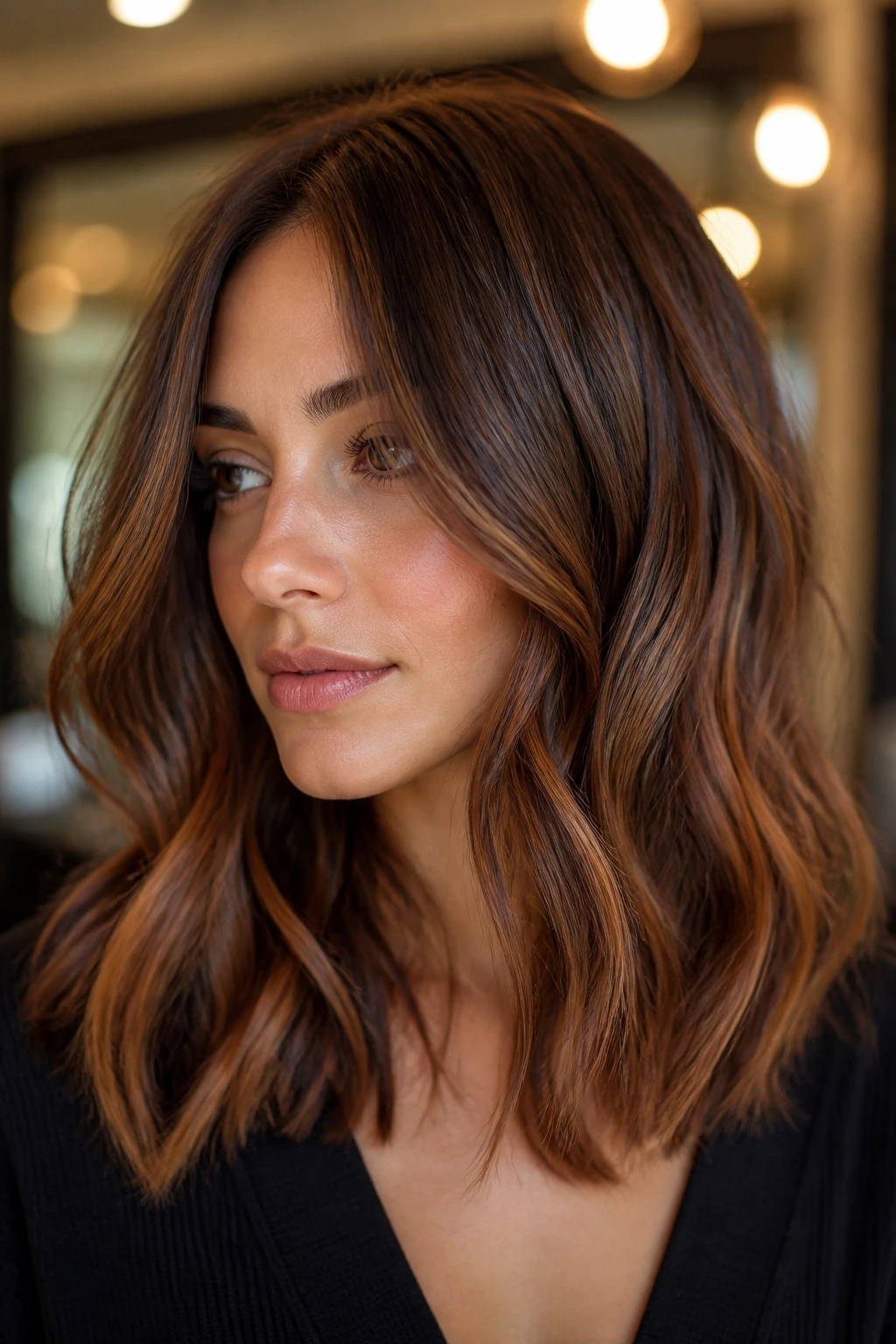 Long bob with chocolate cinnamon caramel tones