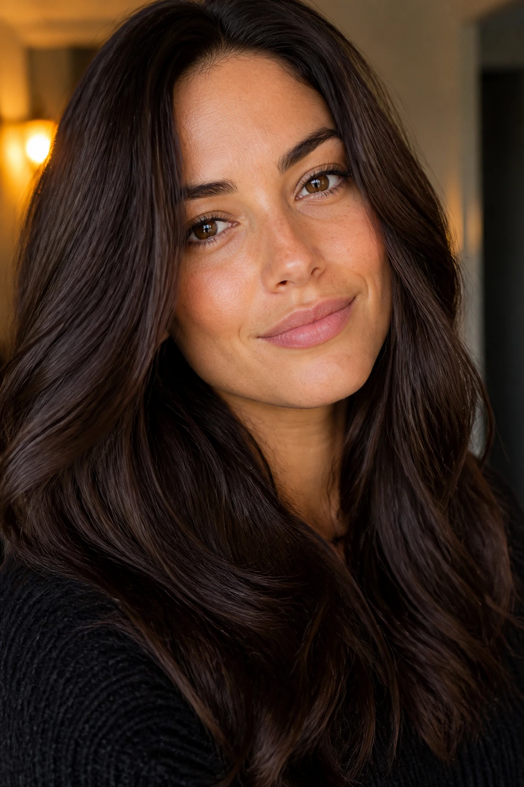 Close-up of olive-skinned woman with chocolate ganache brown hair
