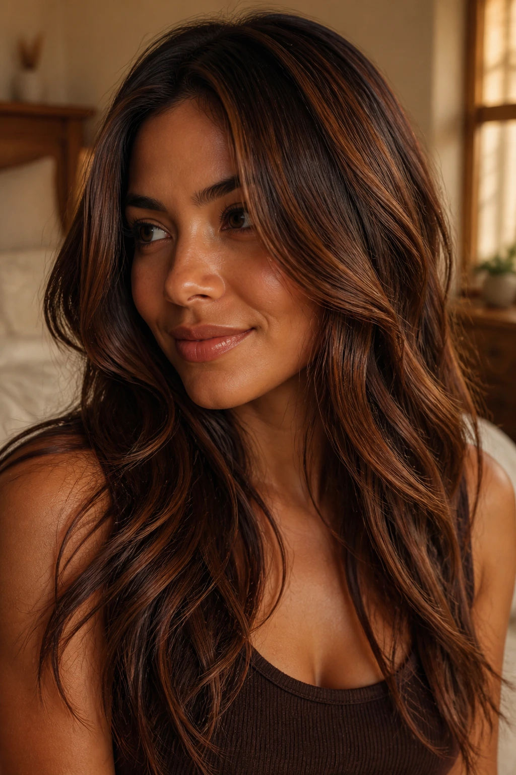 Close-up portrait of a real woman with warm chocolate hair and cinnamon lowlights in a sunlit bedroom