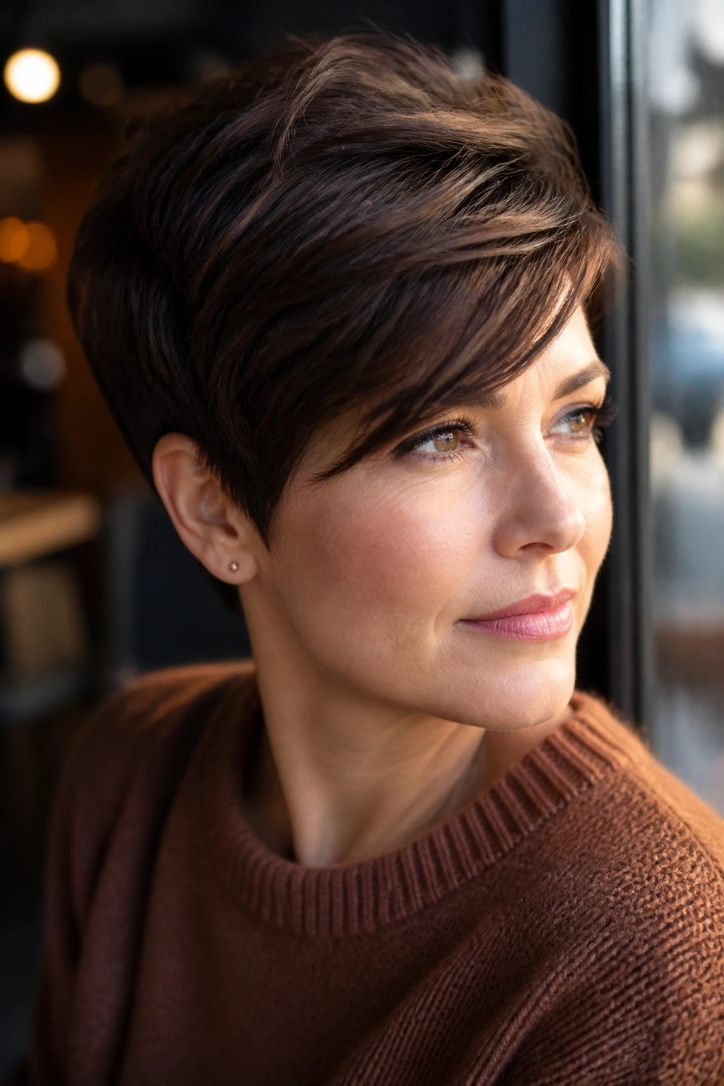 Close-up of real woman with chocolate layered pixie and long top, side-swept fringe