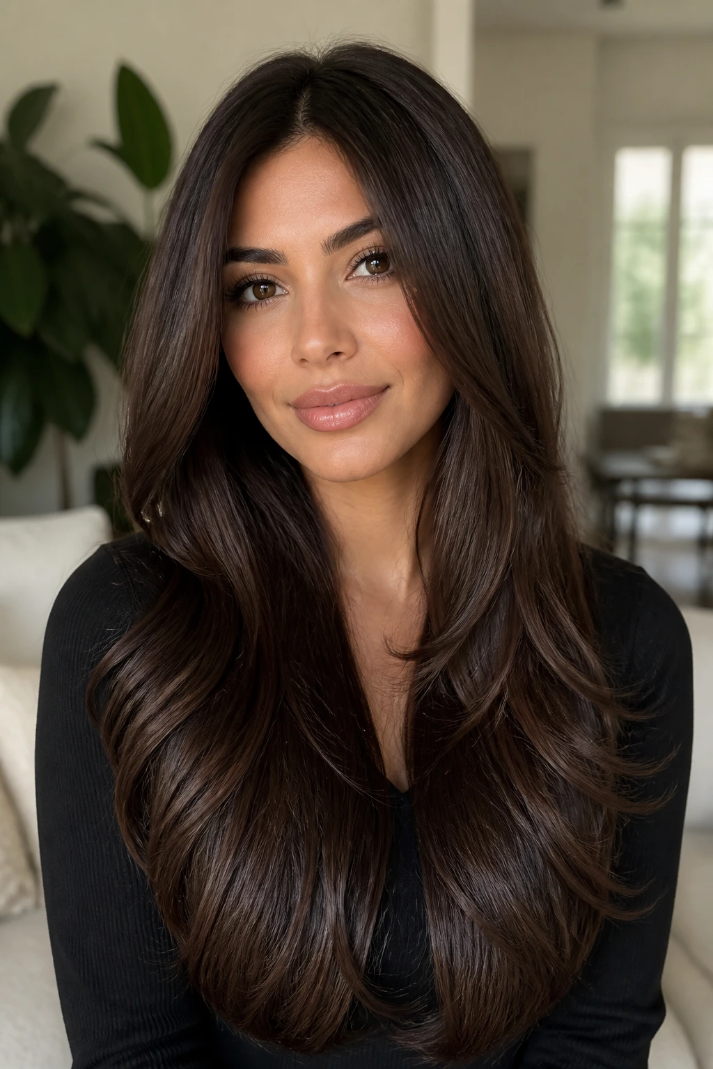 Woman with ultra-long chocolate brown hair and glossy layers in natural light.