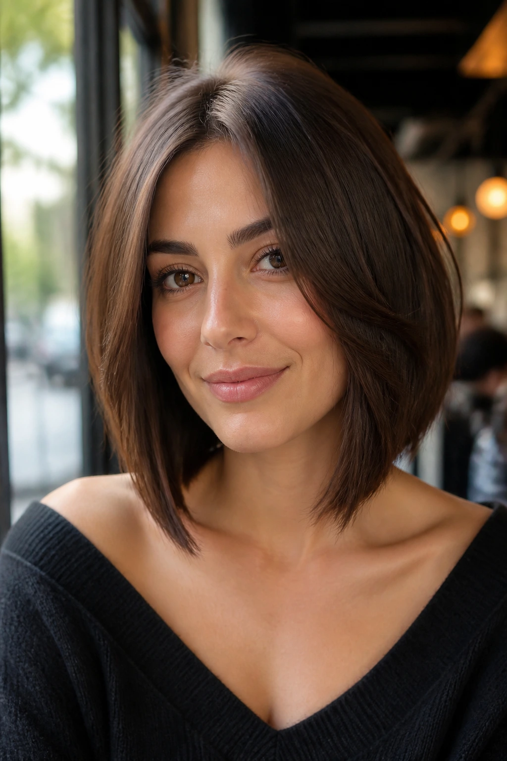 Brunette with chocolate lob and chin-grazing angles in cafe setting