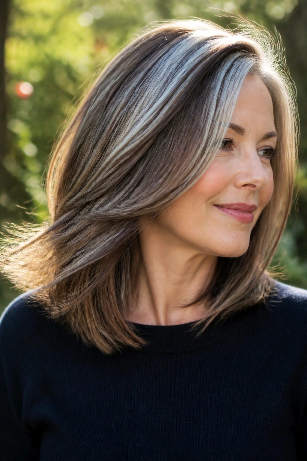 Close-up of a real woman with chocolate ribbons woven through longer gray hair in a sunlit garden setting