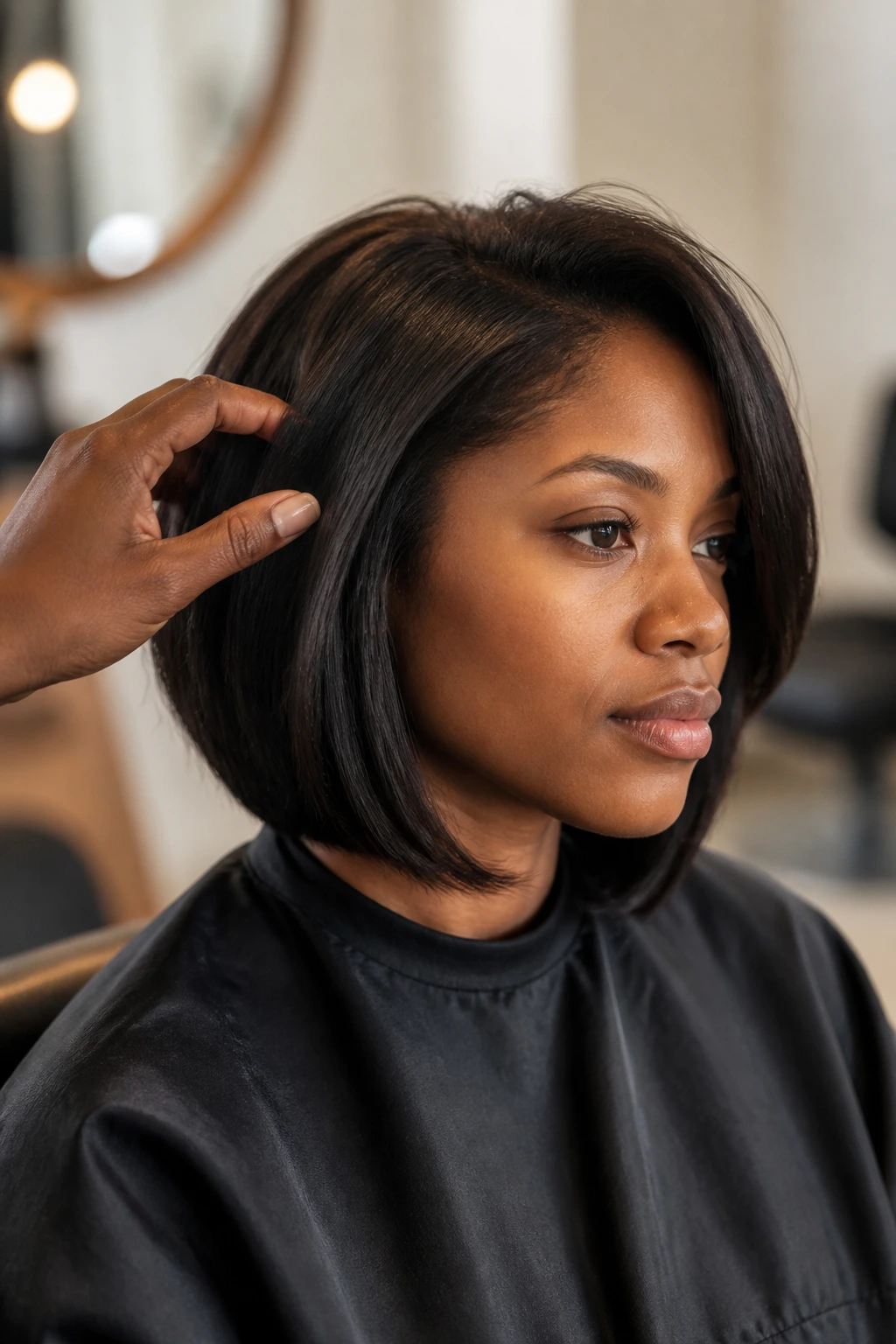 Close-up portrait of a real woman evaluating her bob in a salon-like setting.