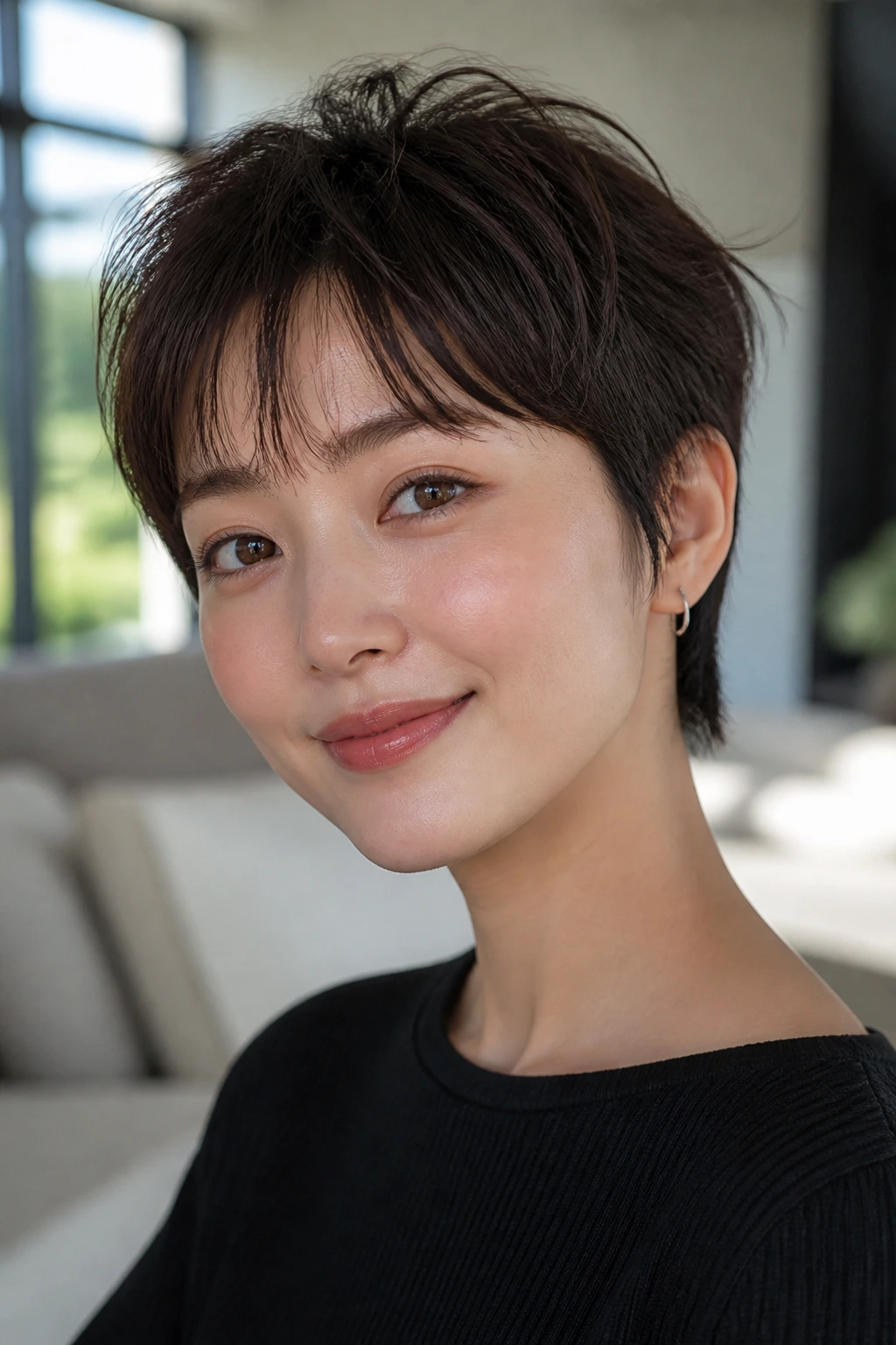 Close-up of a real woman with choppy air bangs on a pixie cut, indoors with natural light