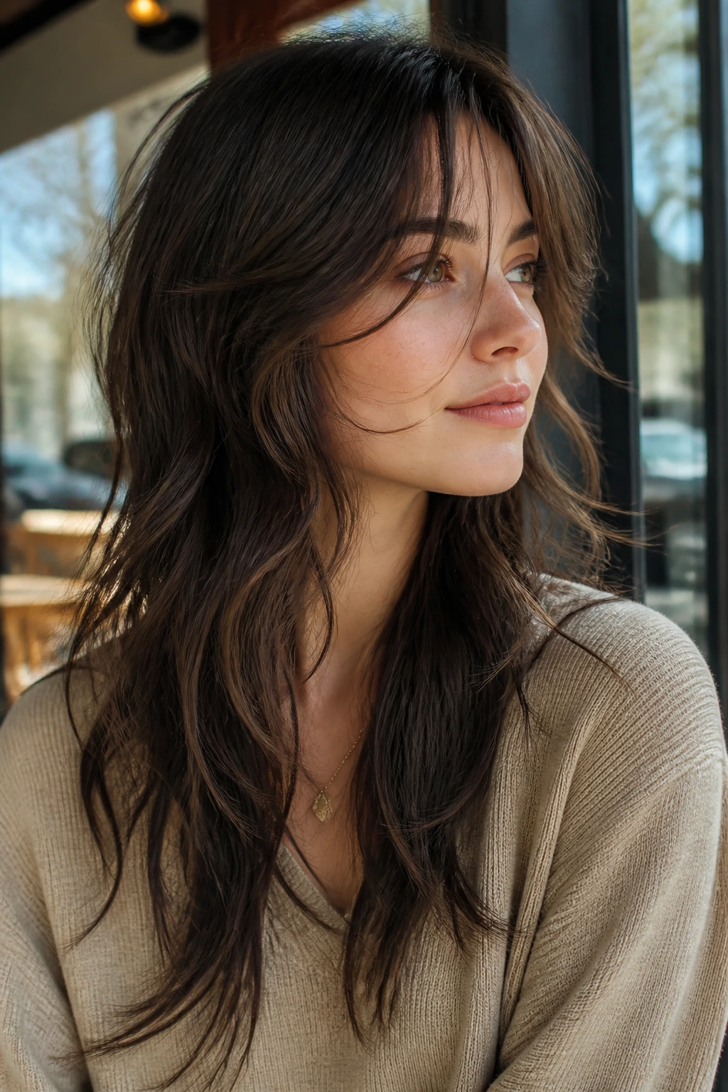 Close-up of a real woman with a choppy airy movement cut