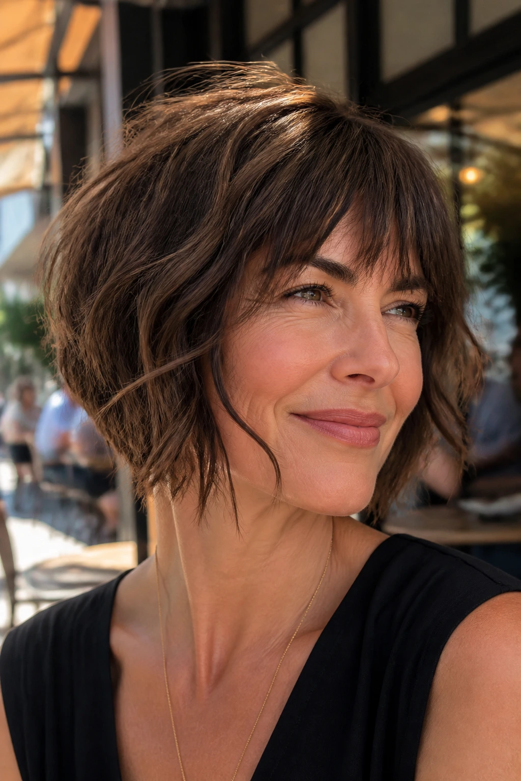 Close-up of a real woman's choppy angled bob with wispy bangs