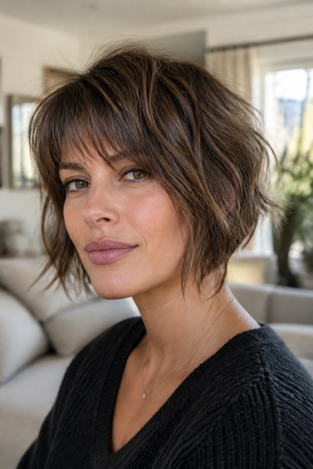 Real woman with a choppy angled shag bob in a cozy living room.