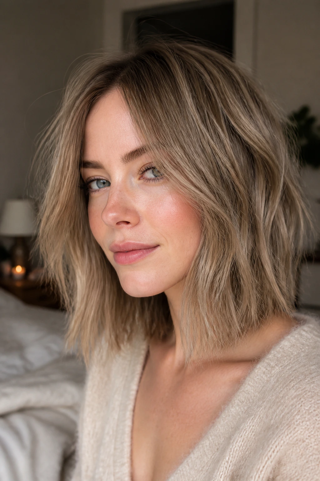 Close-up portrait of a woman with a choppy shoulder cut in ash beige with airy ends