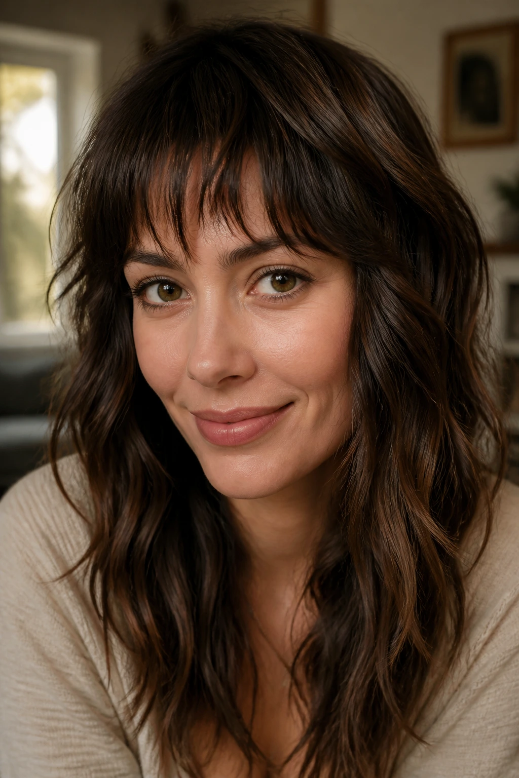 Close-up of a brunette woman with choppy piecey bangs in warm window-light living room