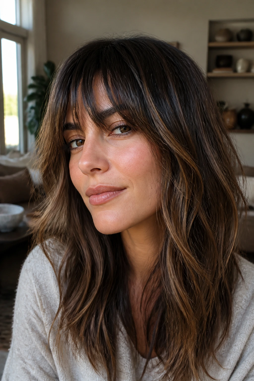 Close-up of a real woman with choppy bangs and dimensional brunette highlights in warm window light