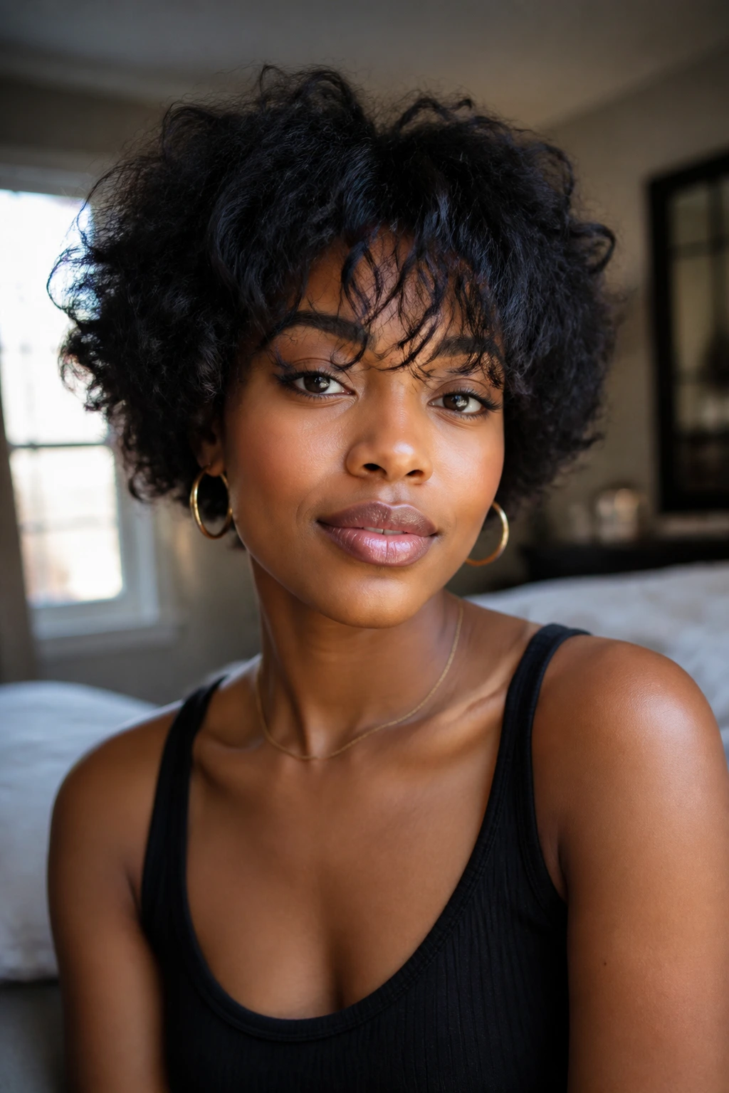 Close-up portrait of a real woman with choppy bangs and fringe on textured hair in warm window light