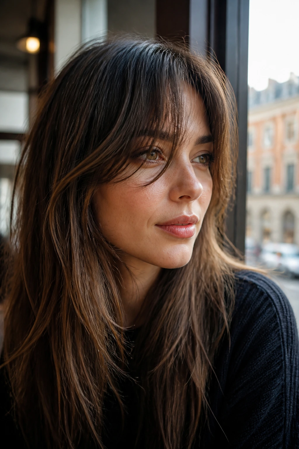 Close-up of a real person with long grow-out choppy bangs in cafe window light