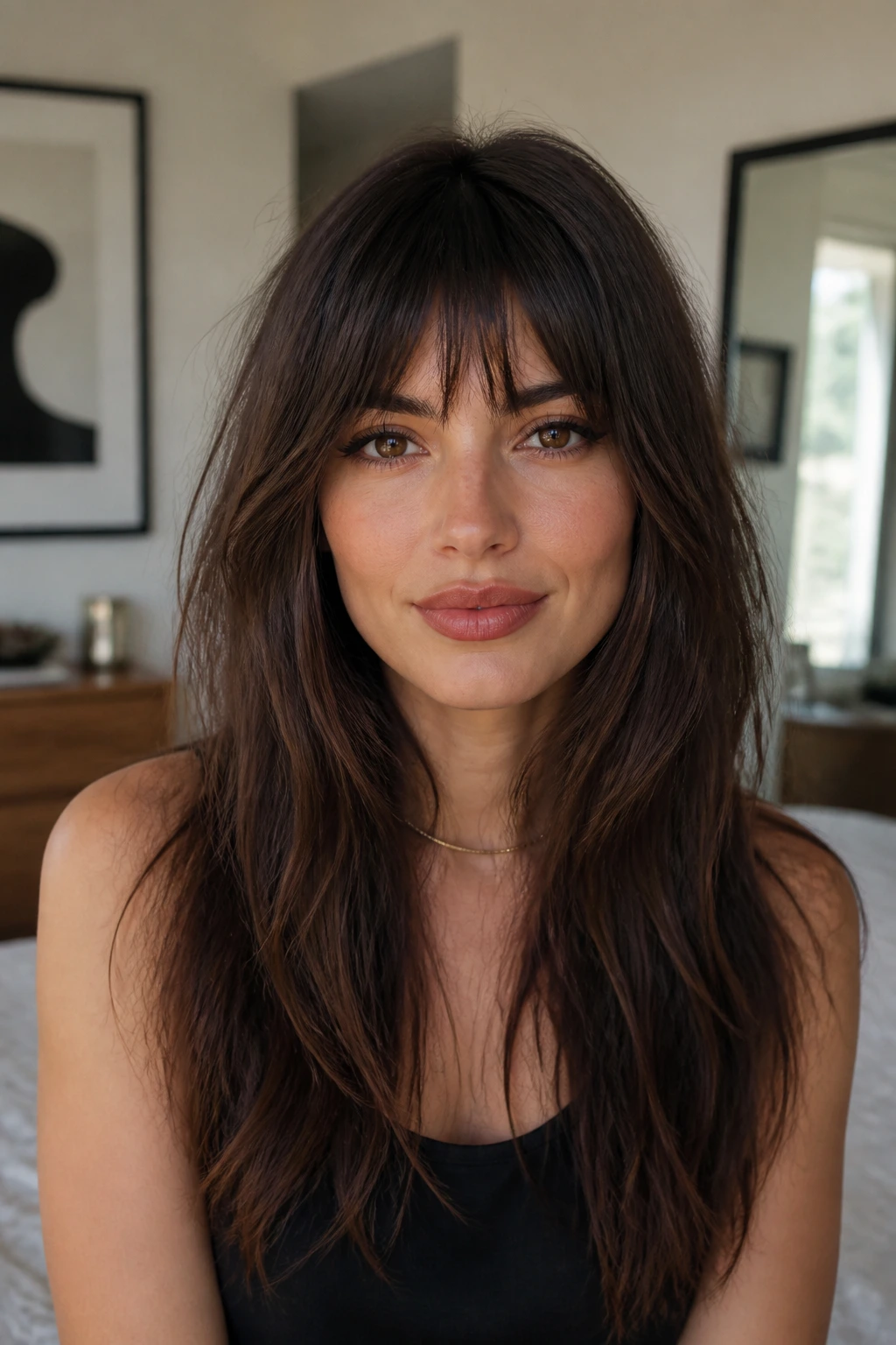Close-up of a real woman with choppy bangs on long hair for an oval face