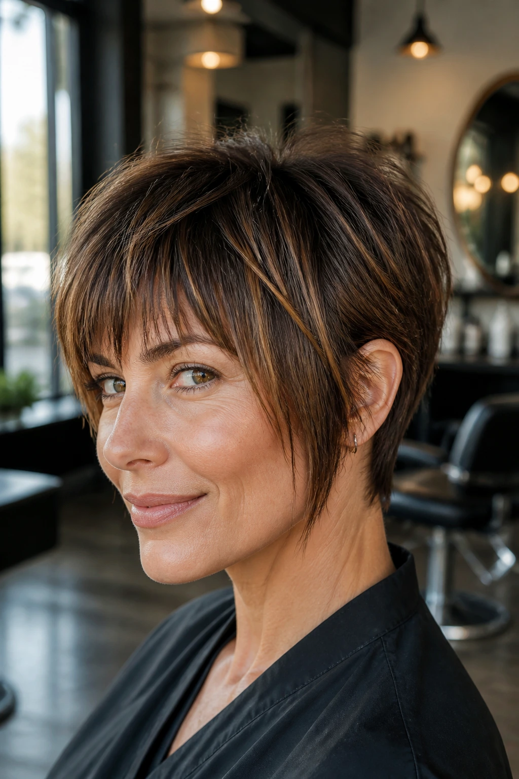 Close-up portrait of a real woman with choppy bangs and temple-length fringe on a pixie-bob