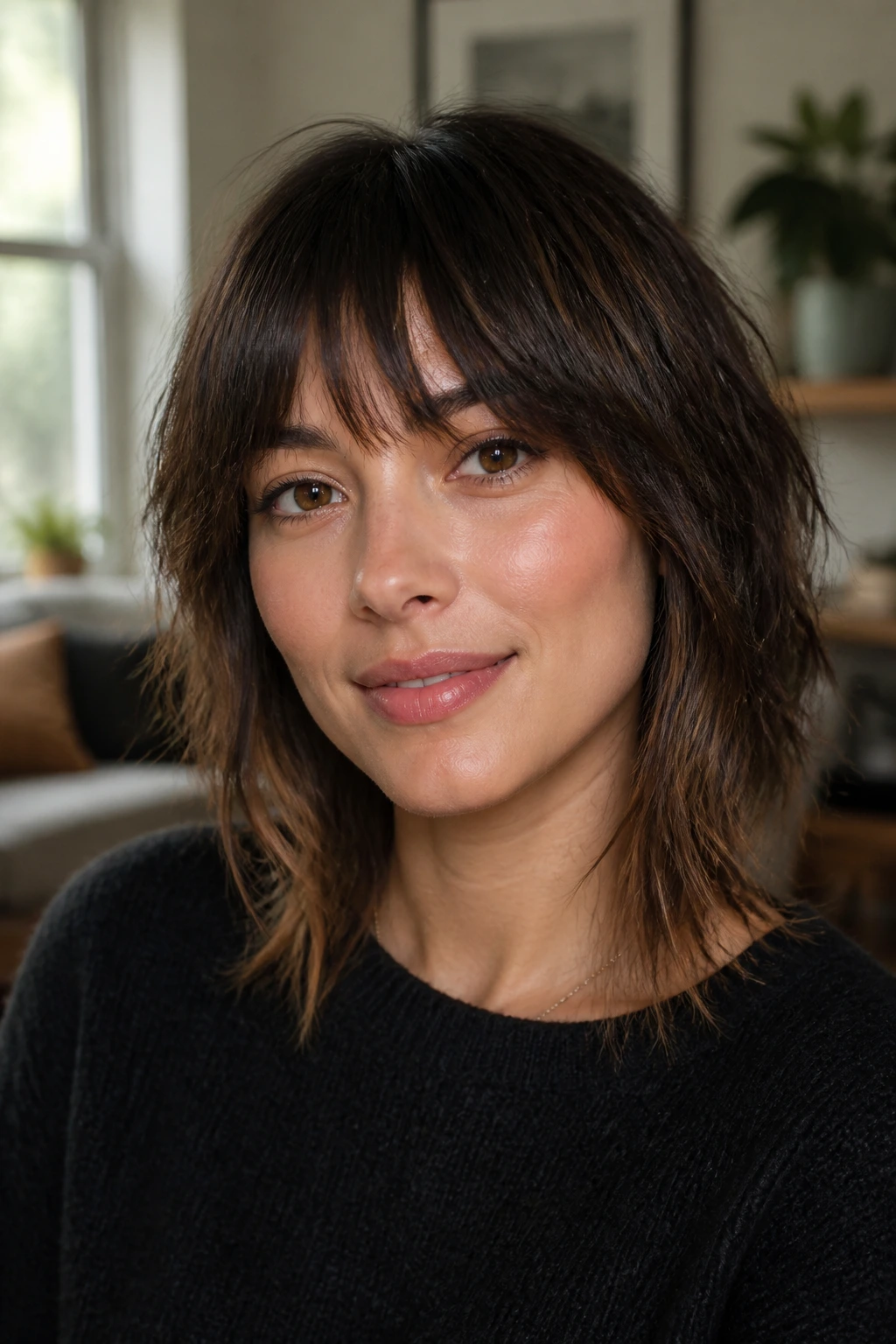Portrait of a real woman with choppy bangs shaping a round face in natural window light