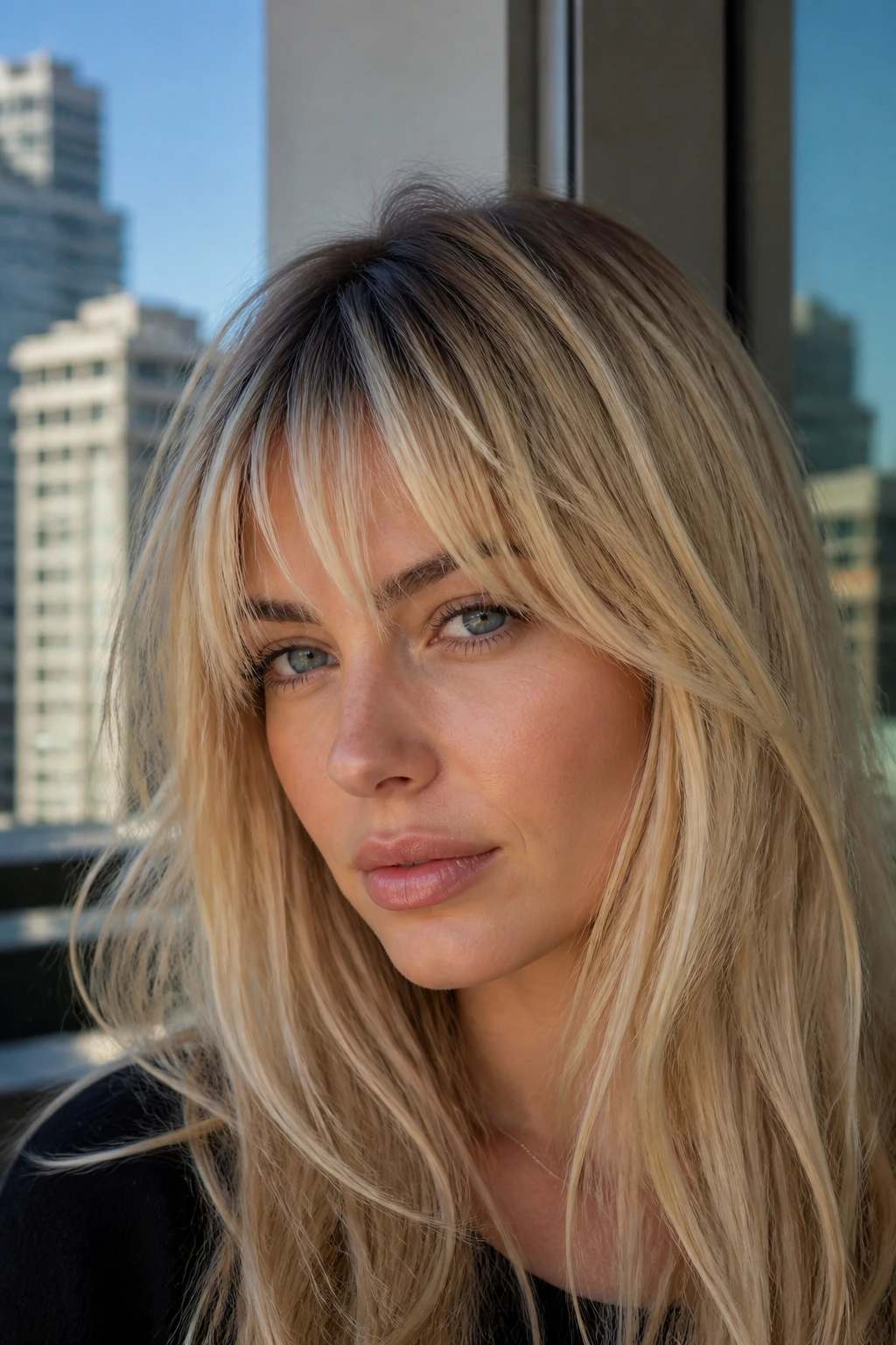 Close-up of a real woman with choppy piecey bangs and a shadow root on long hair