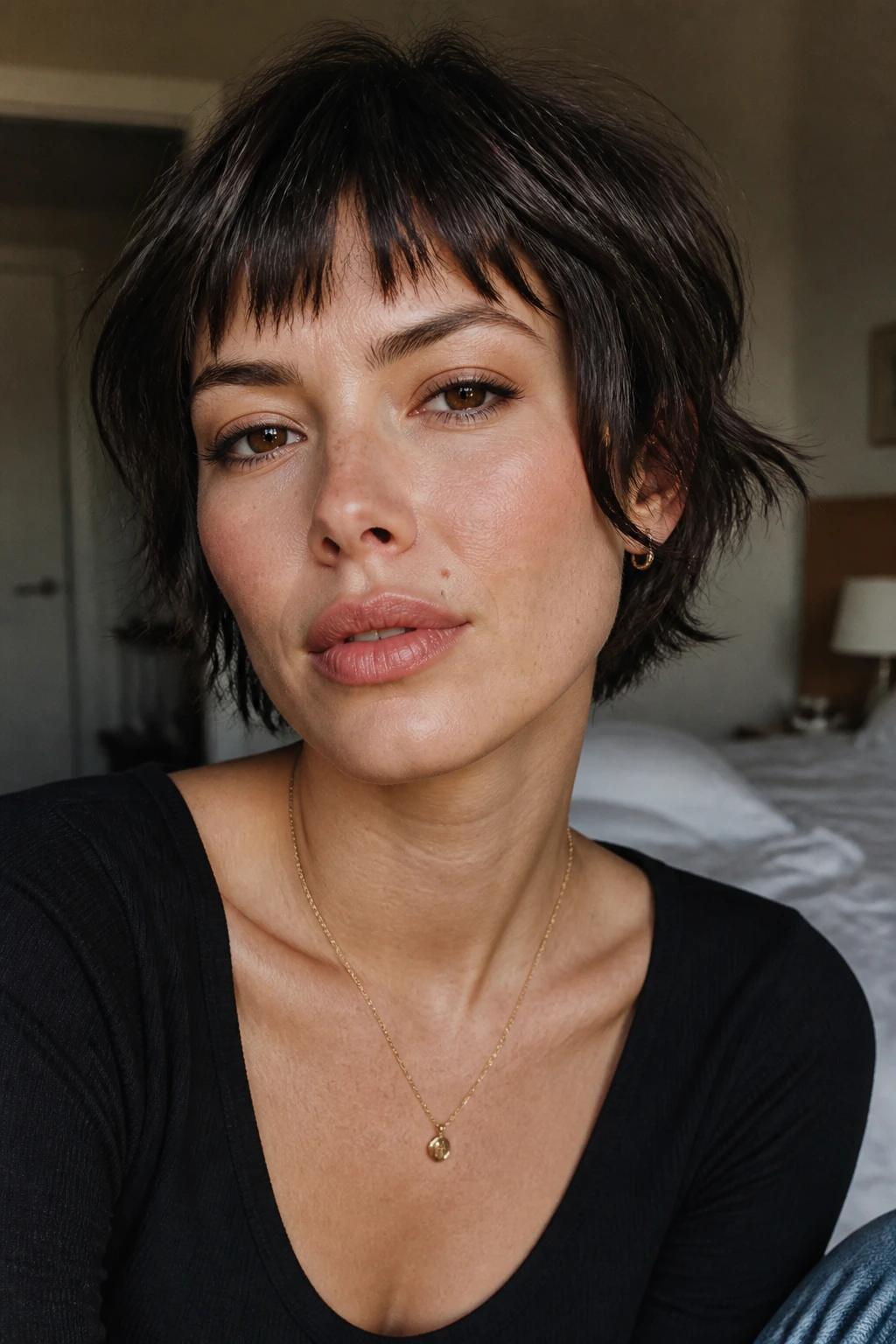 Close-up of choppy bangs on a square-face woman in warm window light