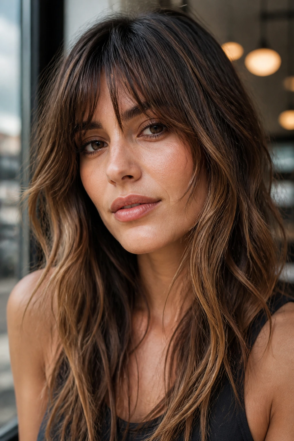 Real woman with choppy, uneven bangs framing the cheeks in a cafe setting.