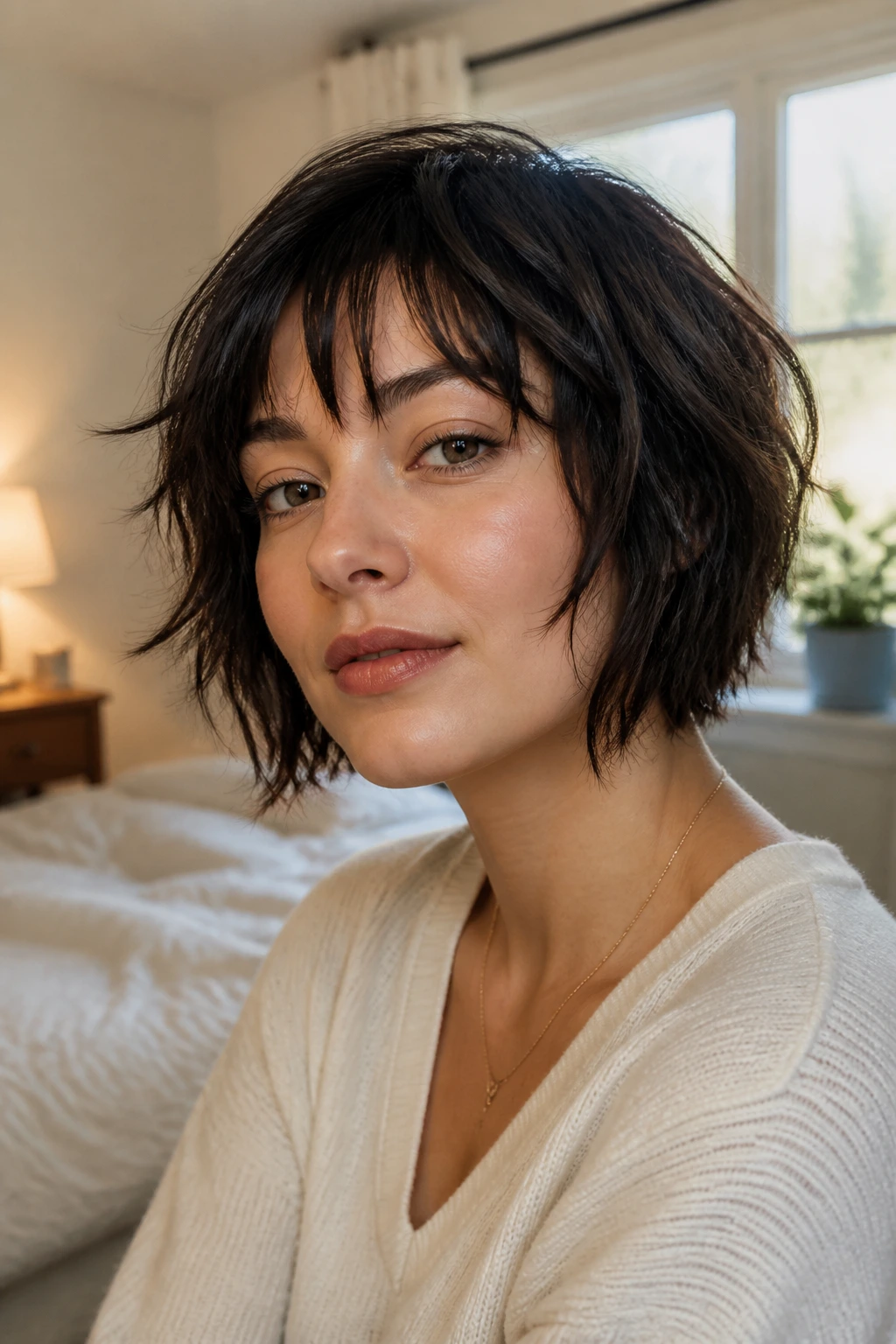 Close-up of a real person with choppy bangs showing texture in soft daylight.