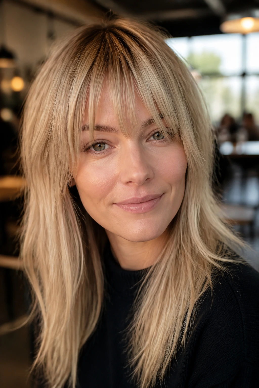 Close-up of choppy bangs with textured ends on a real person, babylights visible, in a cafe-like setting.