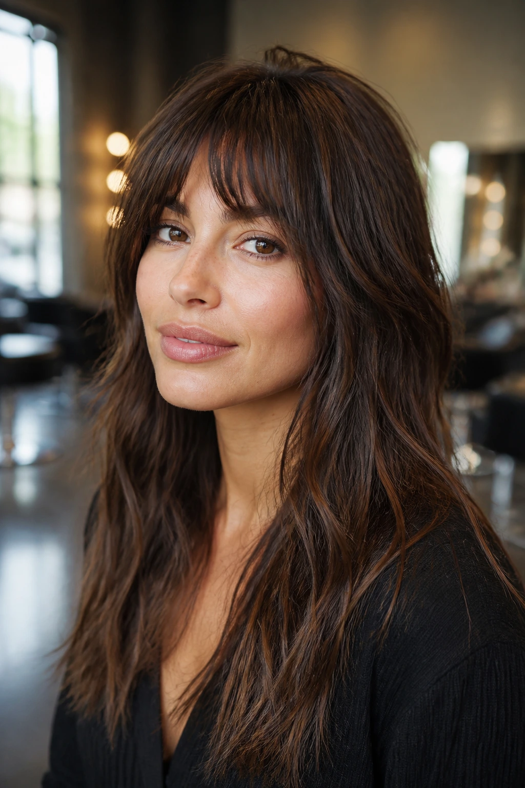 Close-up portrait of woman with textured choppy bangs anchoring long hair