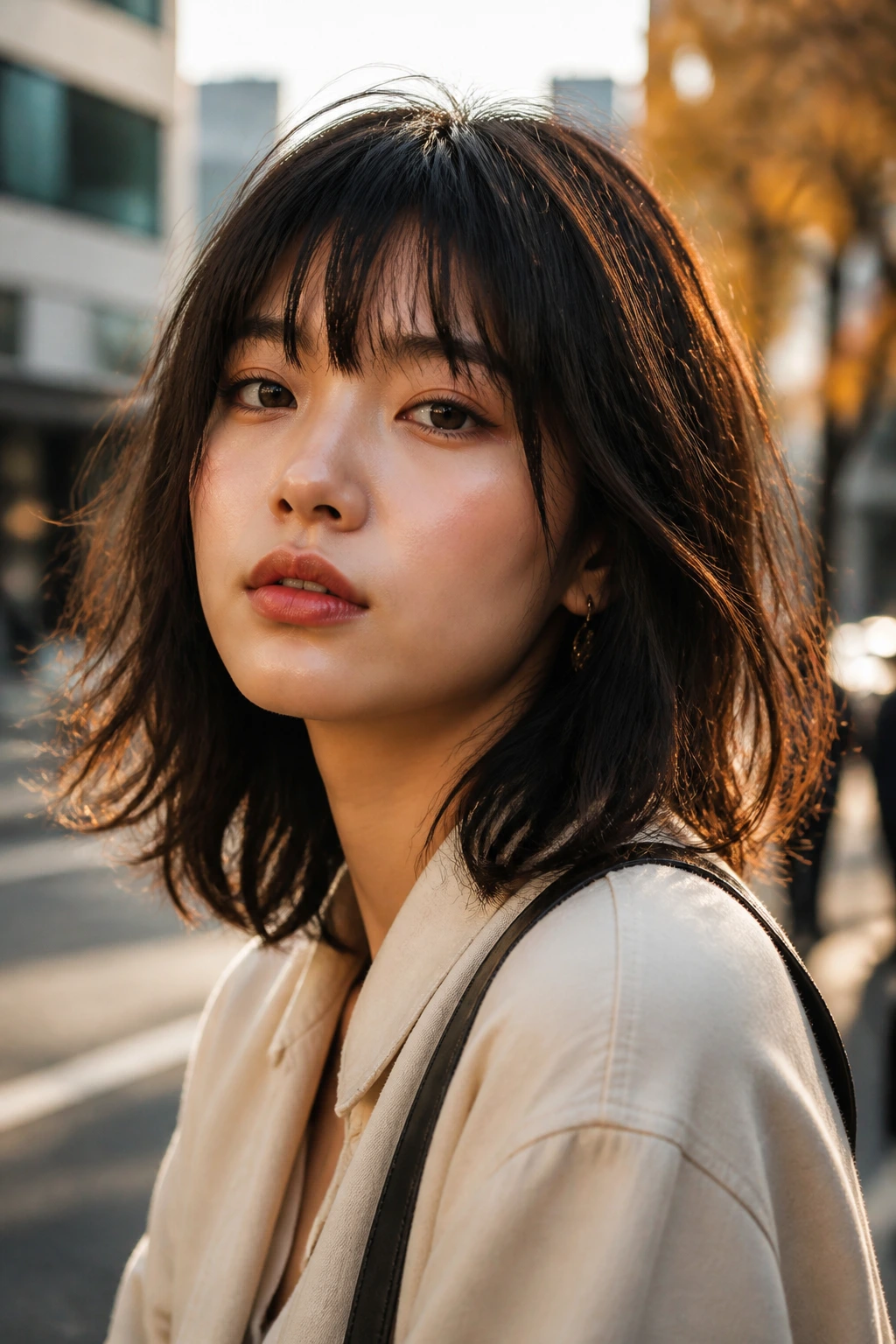 Close-up of a woman with choppy bangs and tousled layers in urban light.