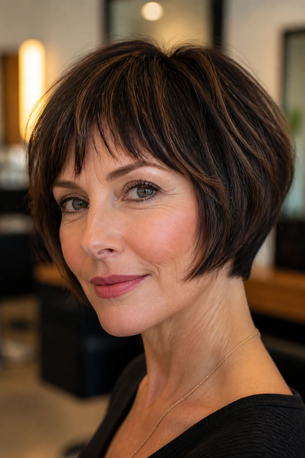 Portrait of a real woman with curved corners on choppy bangs on a wedge bob