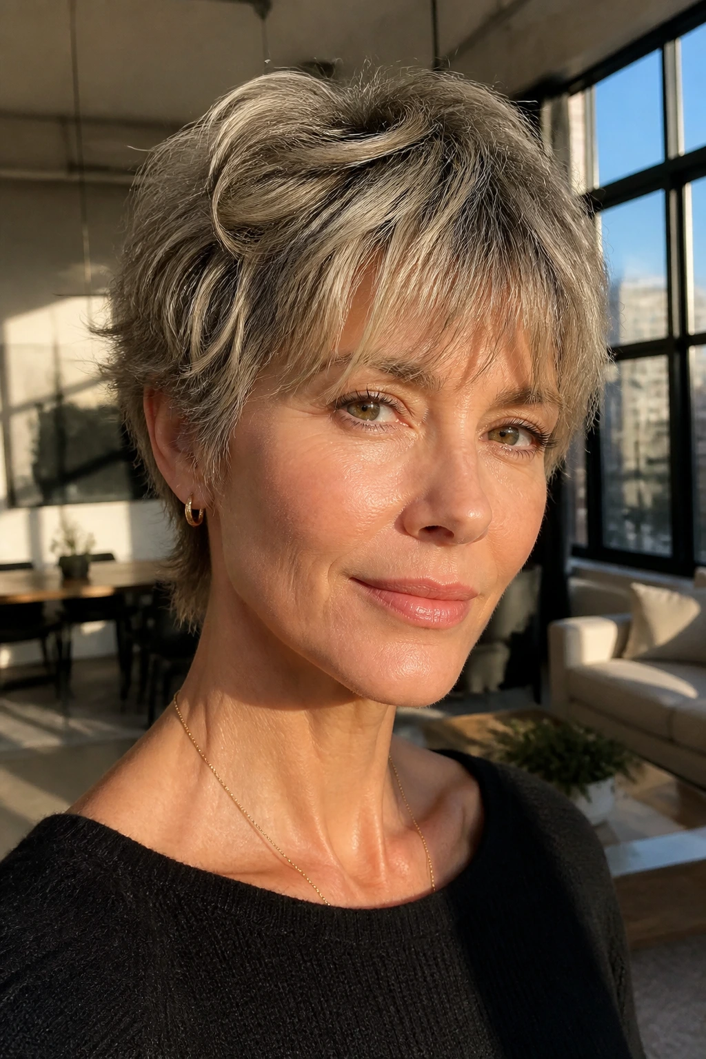 Portrait of a woman with a choppy bixie hairstyle.