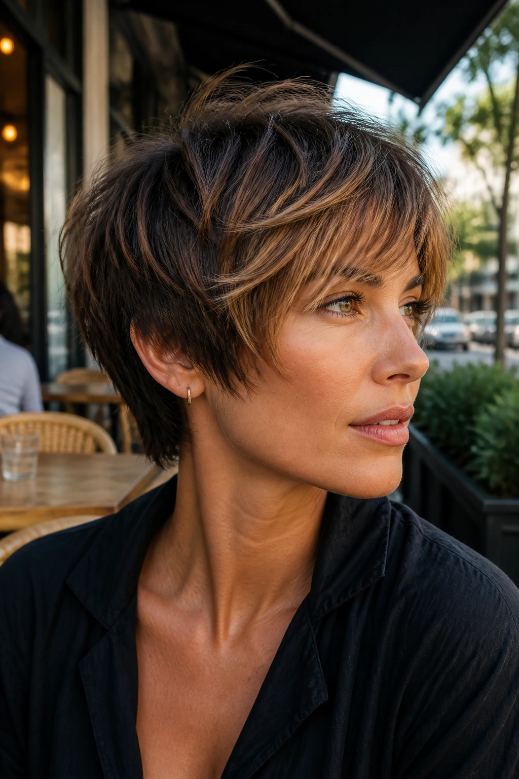 Close-up portrait of a real woman with a choppy bixie cut and caramel streaks