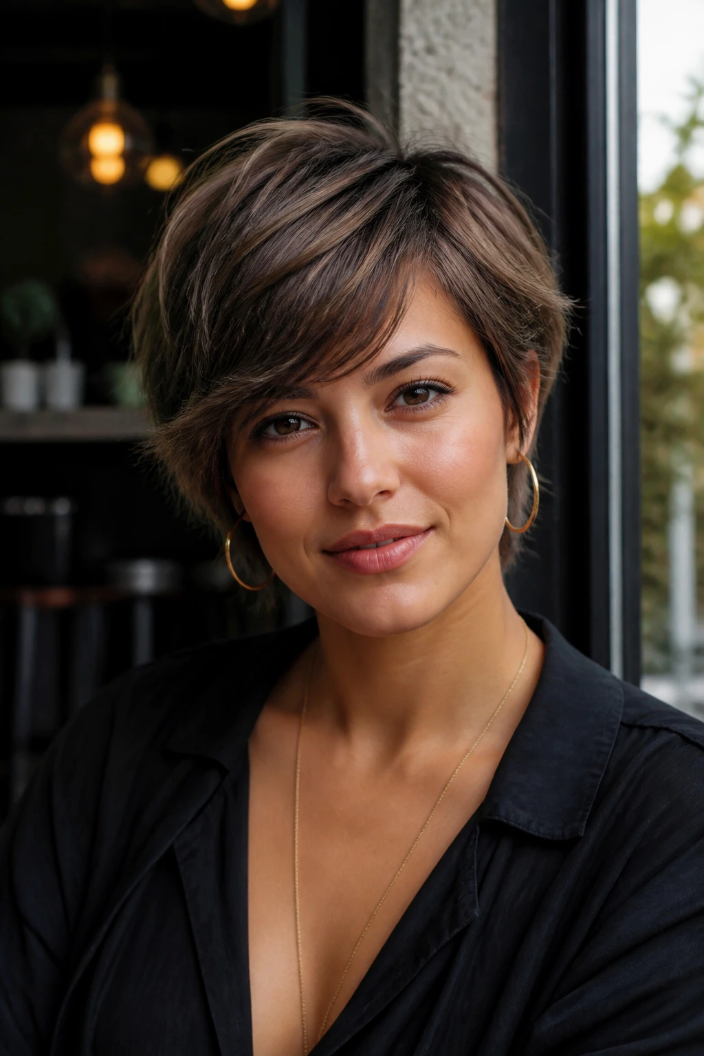 Portrait of a person with a choppy bixie and side fringe in natural light