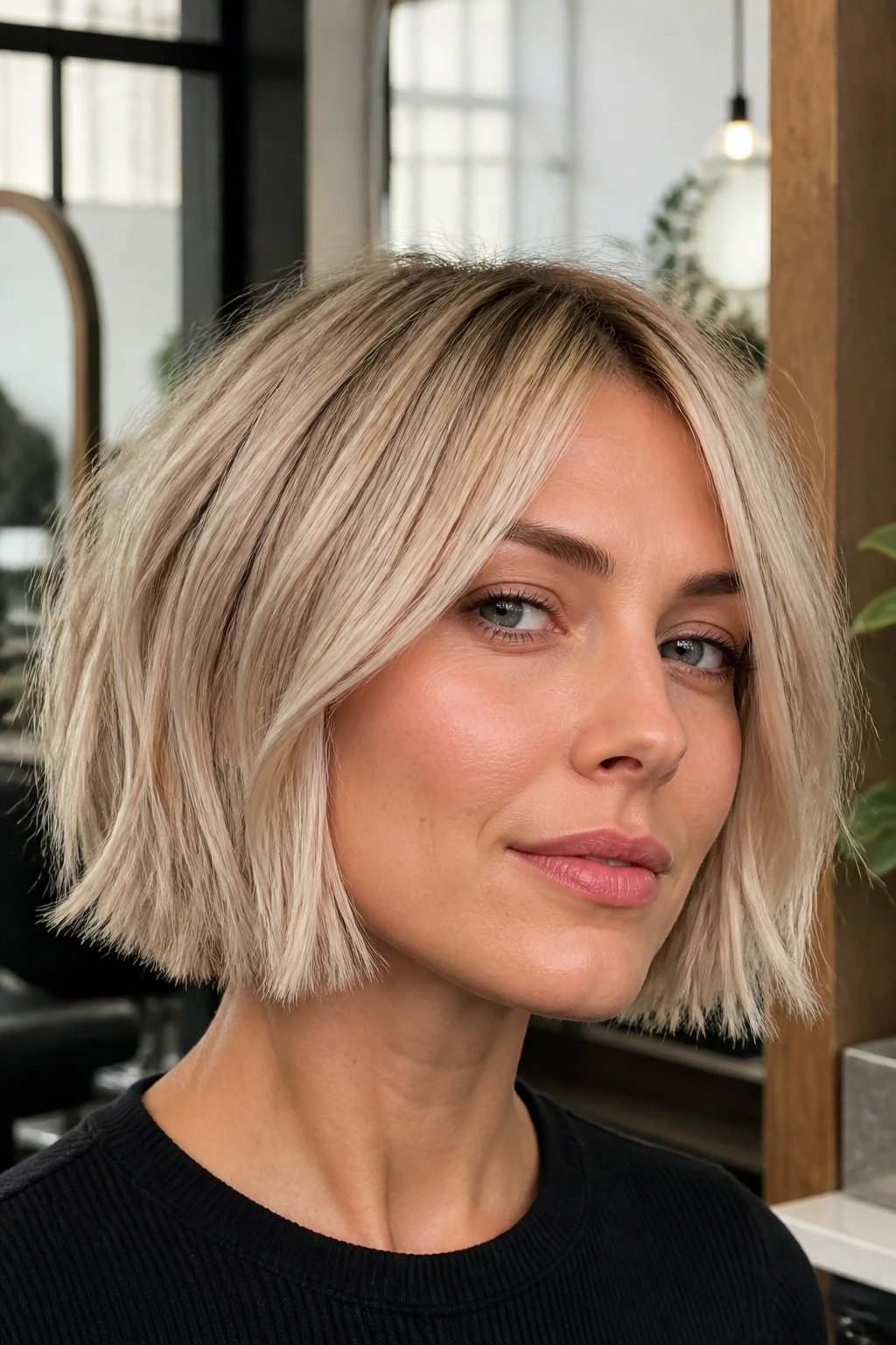 Close-up portrait of a real woman with a choppy bob and airy ends in bright salon light