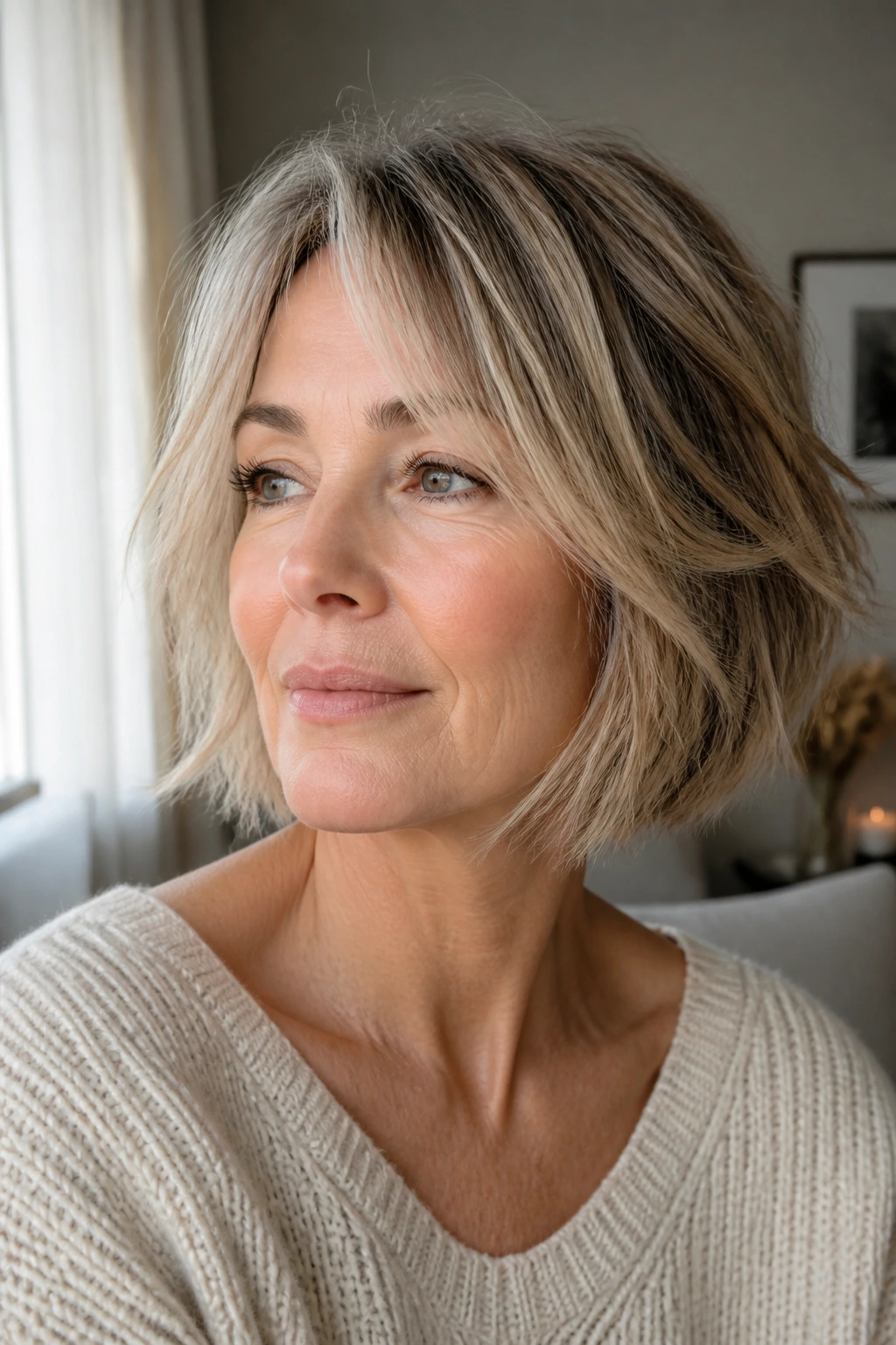Close-up portrait of a real woman with a choppy bob and airy ends, light catches separated layers.