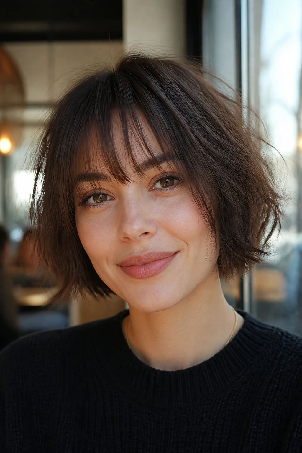 Portrait of a real person with choppy bob and airy fringe softly framing the forehead