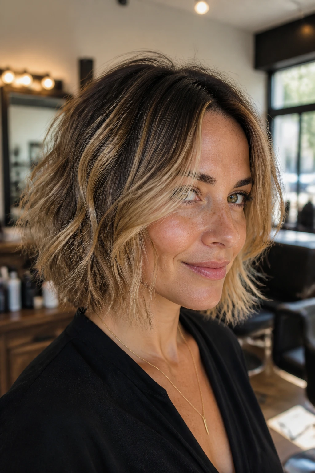 Close-up of a real woman with a choppy bob and rooty balayage in a warm salon setting