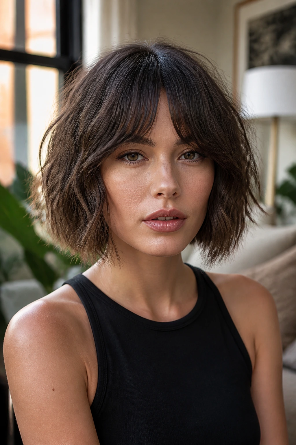 Real person with choppy bob and bottleneck bangs in warm window light