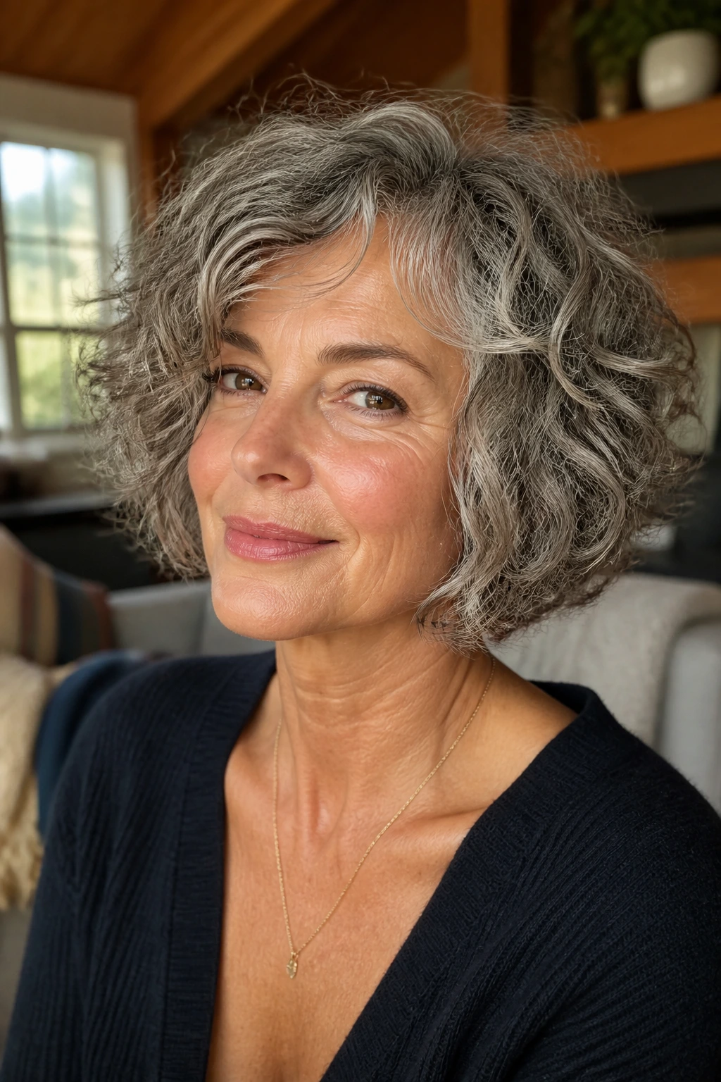 Close-up portrait of a woman with a textured choppy bob in warm window light