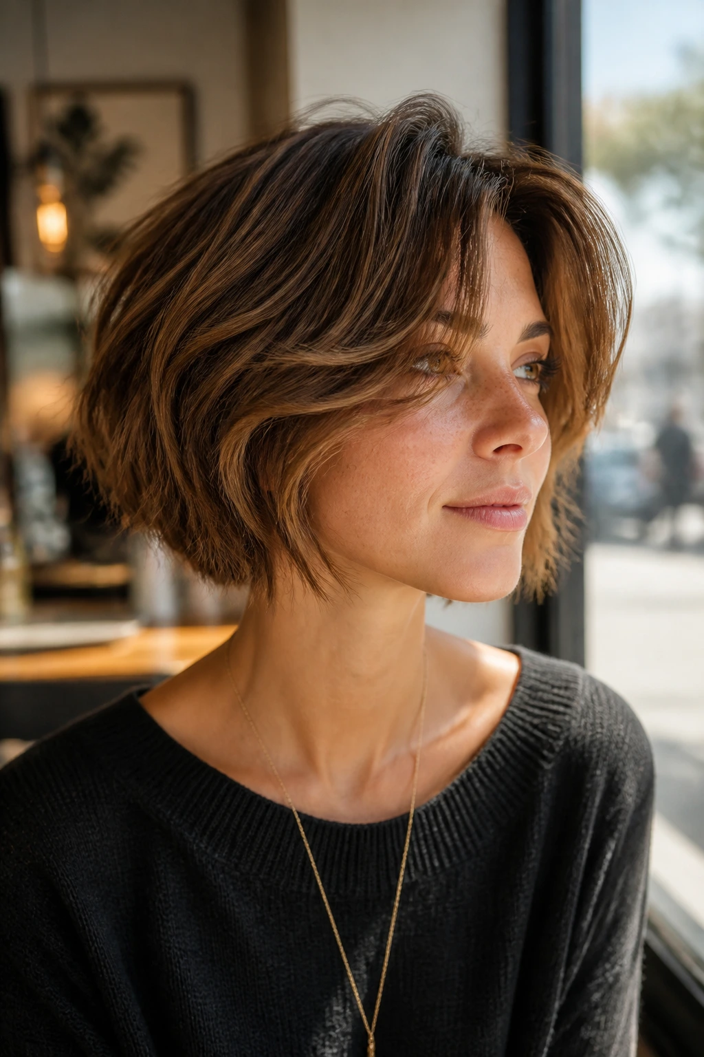 Portrait of a real woman with a choppy bob and swept-back curtain fringe in sunlit setting