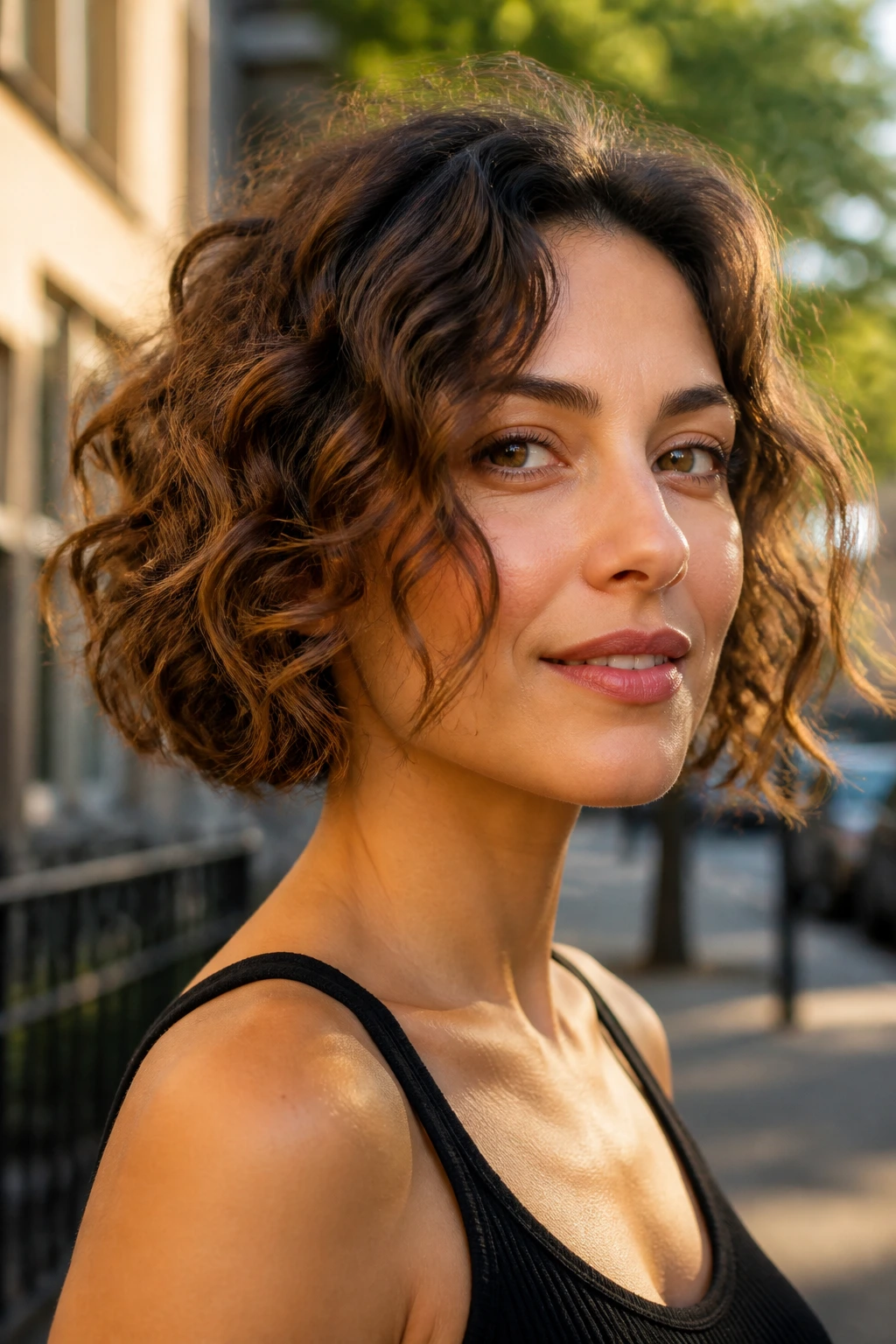 Close-up portrait of a real woman with a choppy bob and face-framing layers