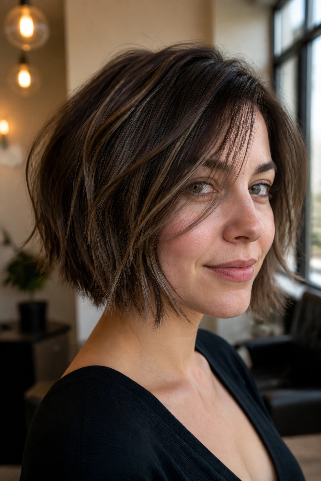 Close-up of a real woman with a choppy bob and feathery lowlights in ash-brown and smoky mocha tones.