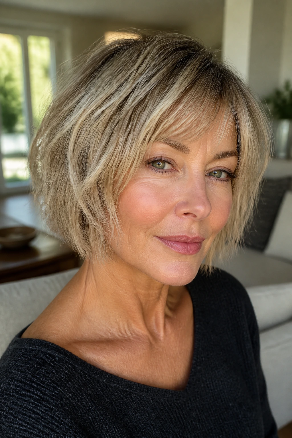 Real woman with choppy bob for fine hair in a bright living room setting